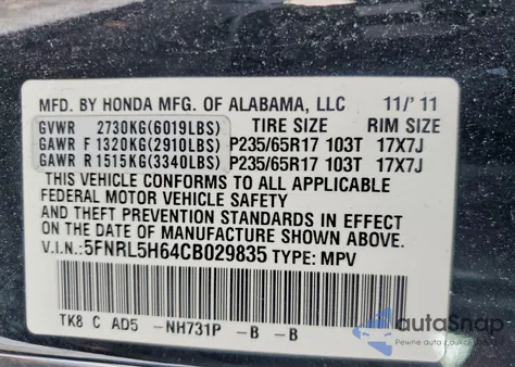 2012 Honda Odyssey Exl from USA, damaged, VIN 5FNRL5H64CB029835